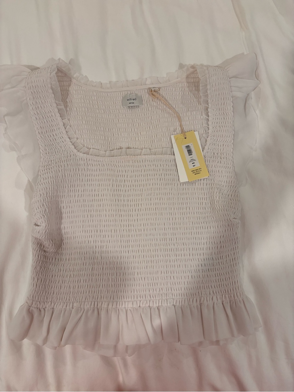 Aritzia Wilfred Pale White/Grey Smocked Ruffle Tank